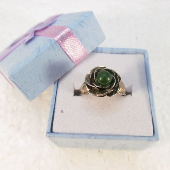 Gold Plated Sterling Silver Jade Floral Ring Signed JP Size 5.5 - Picture 11 of 15